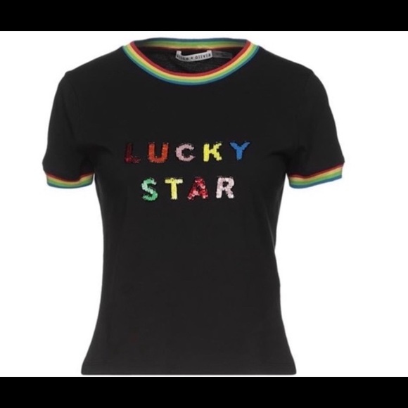 Alice + Olivia Rainbow Sequined LUCKY STAR T-Shirt - XS - NWT - Black/Multi - Picture 6 of 9